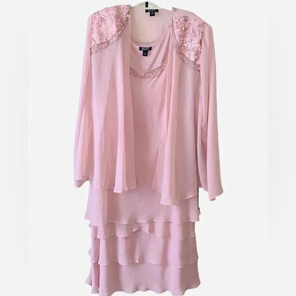 SLNY | Women’s Beads Embellished Tiered Sheer Dress with Jacket Size 18 - Picture 1 of 6
